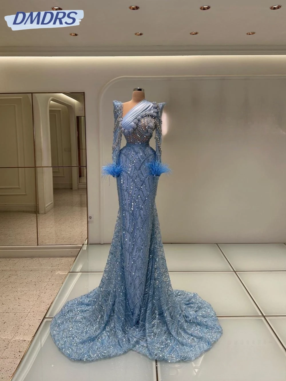 

Blue Beaded Pearls Mermaid Evening Dress For Women Long Sleeve Feathers Wedding Party Gown Customized Gorgeous Prom Dresses