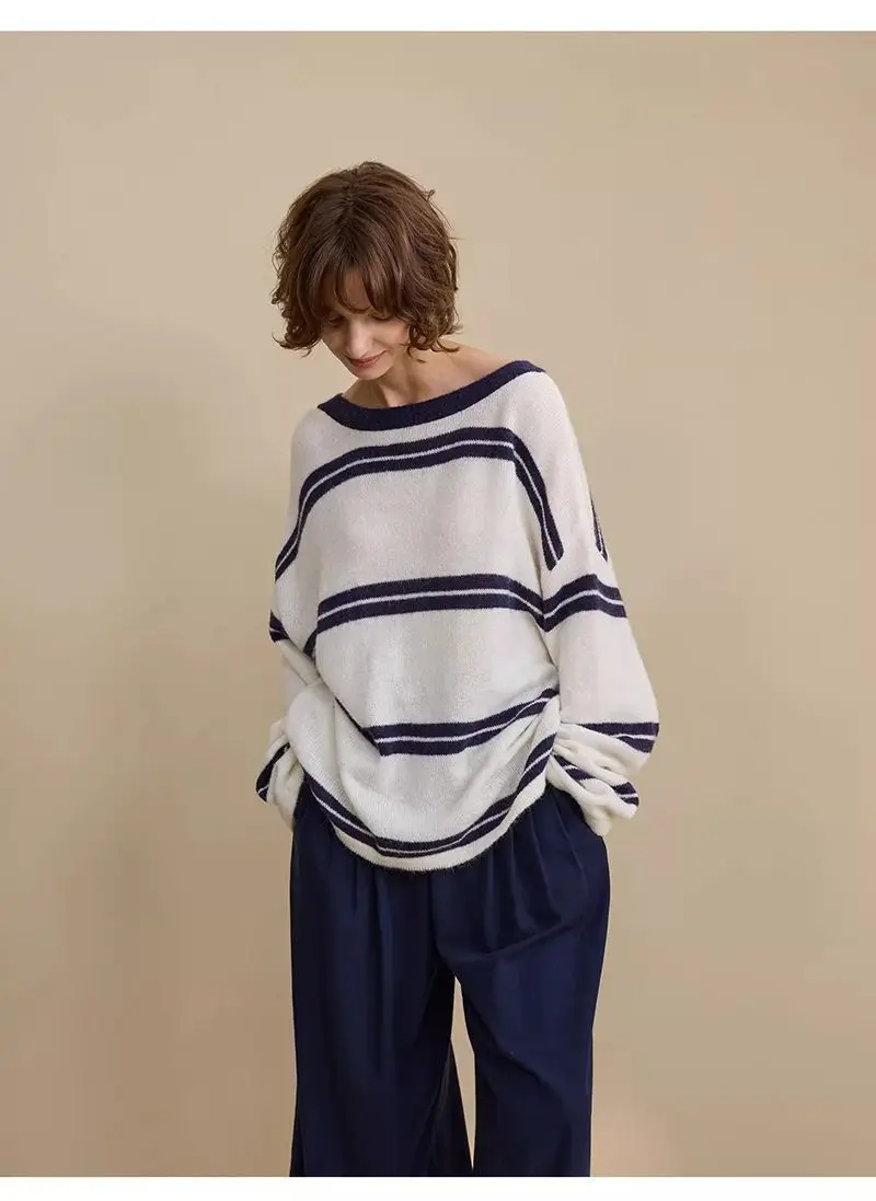 قميص أنيق متعدد الاستخدامات محبوك بشريط مخطط وحجب الألوان للنساء