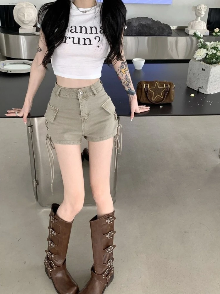 

Джинсовые шорты цвета хаки с высокой талией, А-силуэт, с завязками, укороченные, для модных девушек, шикарный летний стиль для Instagram