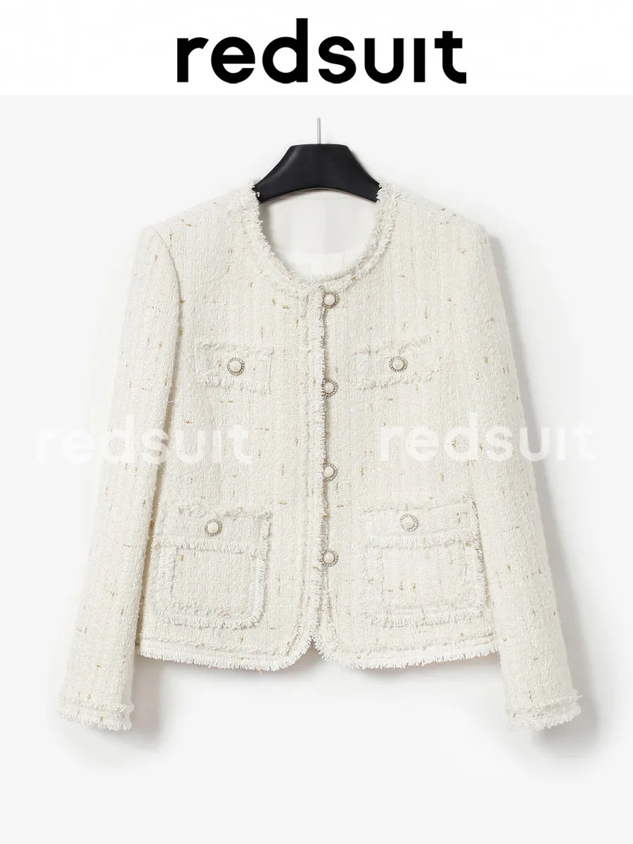 New Round neck coarse woolen handmade long sleeved jacket with gold wire white top Custom Sizes