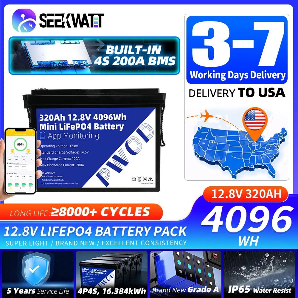320Ah 12V LiFePO4 Battery Pack 12.8V Rechargeable Lithium Iron Phosphate Battery DIY 24V 48V For RV Solar Power Camping US Stock