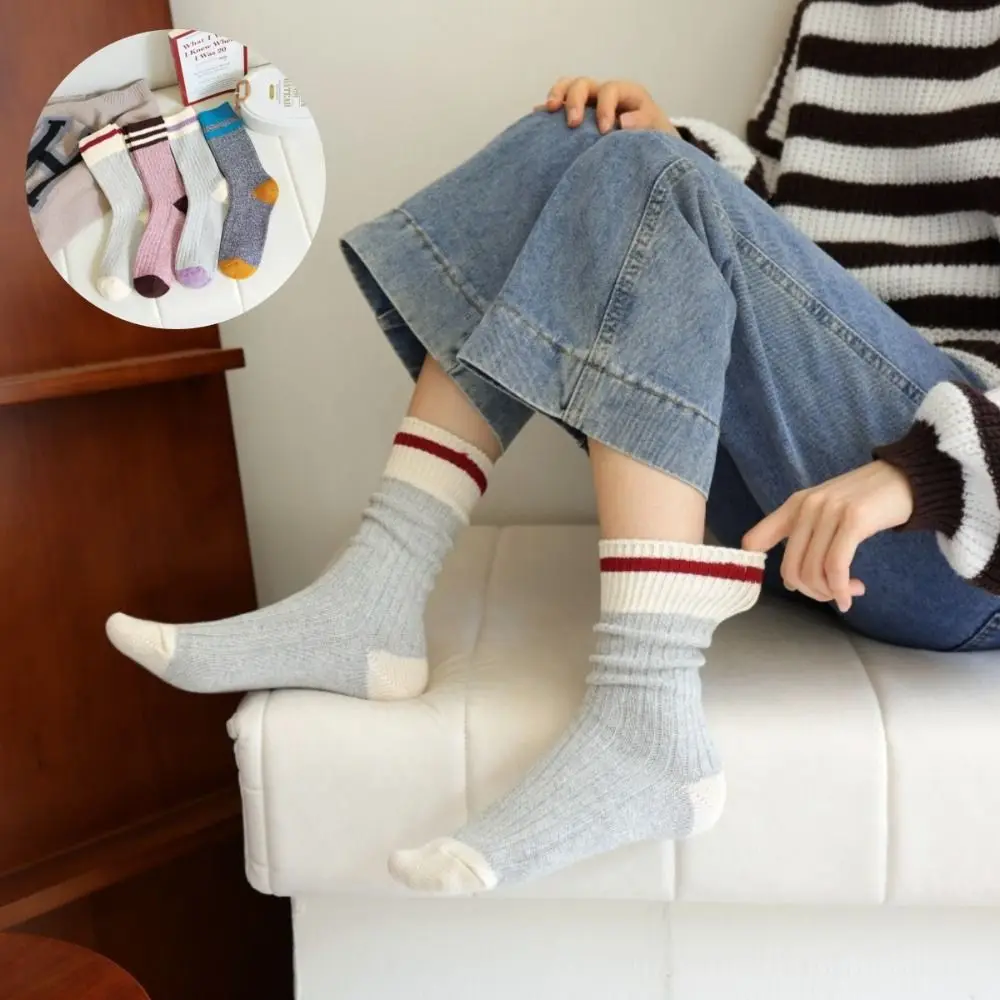 

Retro Pure Cotton Middle Tube Socks Thick Needle Thickened Stripe Socks Keep Warm Snow Boot Socks Gift