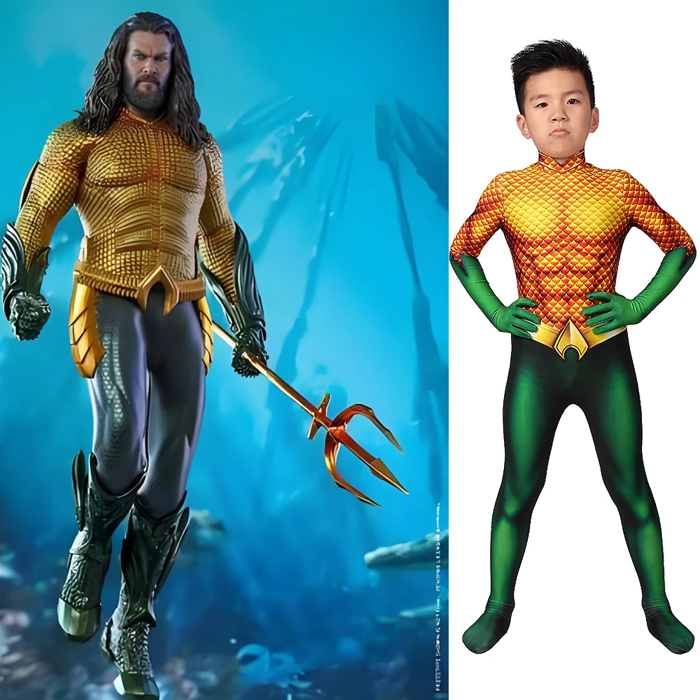 

Children Cosplay Aquaman Arthur Curry Costume Boys 3D Printed Superhero Spandex Zentai Bodysuits Halloween Costume for 3-10yrs