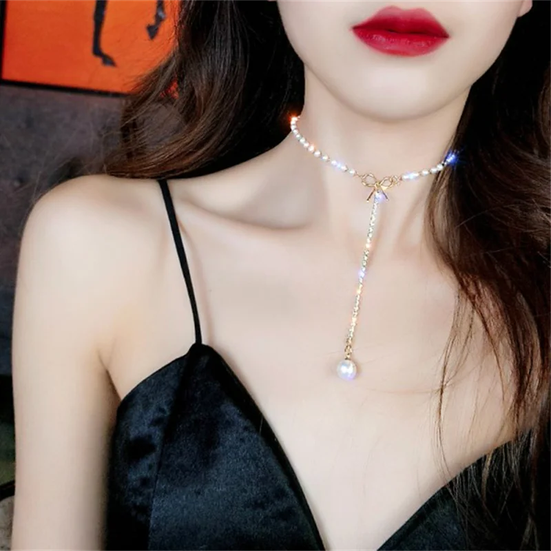 Cute Crystal Bow Necklace Fashion Long Imitation Pearls Necklaces For Women Party Jewelry Exquisite Gifts Wholesale