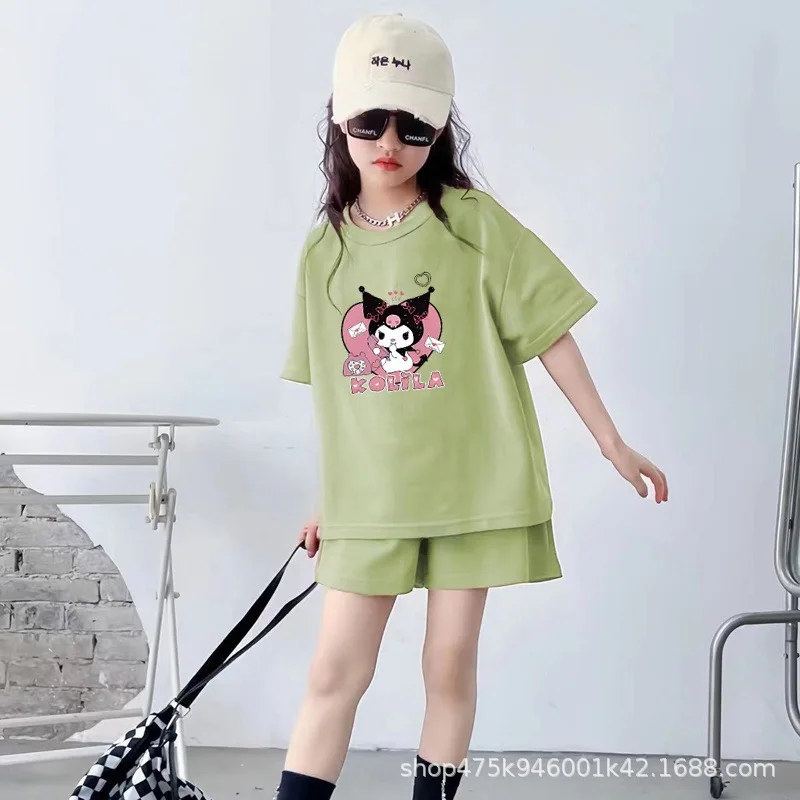 Anime Kuromi Fashion Suit Summer Children's T-Shirt Shorts Casual Two-Piece Set Cartoon Print Loose Short Sleeve Comfortable