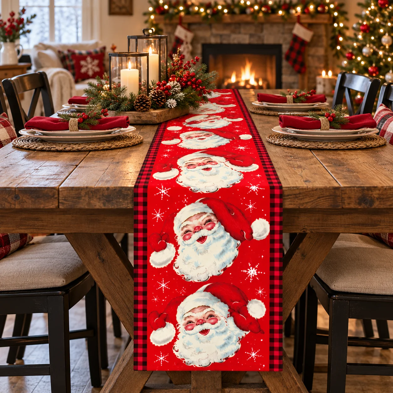 Christmas Table Runner, Black White Buffalo Check Santa Pattern Table Cover, Xmas Home Kitchen Table Decor, Holiday Party Gift