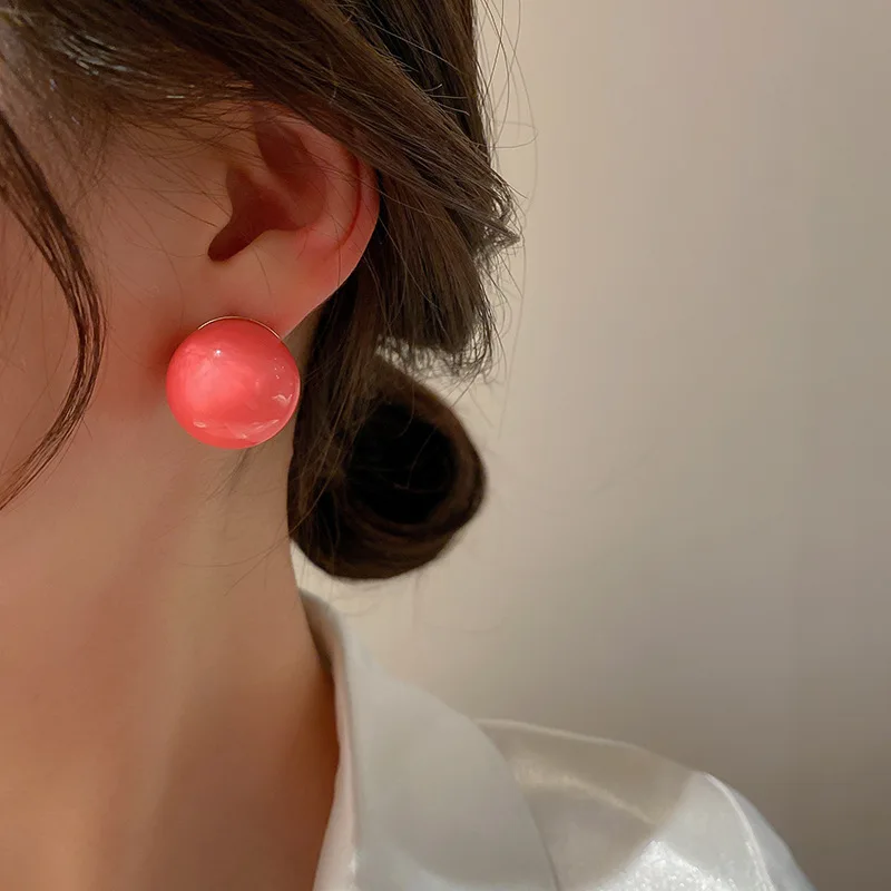 Acrylic Solid Candy Color Round Ball Stud Earrings for Women Simple Versatile Sweet Cute Temperament Fashion Jewelry Wholesale B