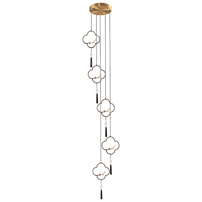 

New Chinese staircase chandelier, all-copper Chinese style hotel apartment villa, duplex staircase rotating long chandelier