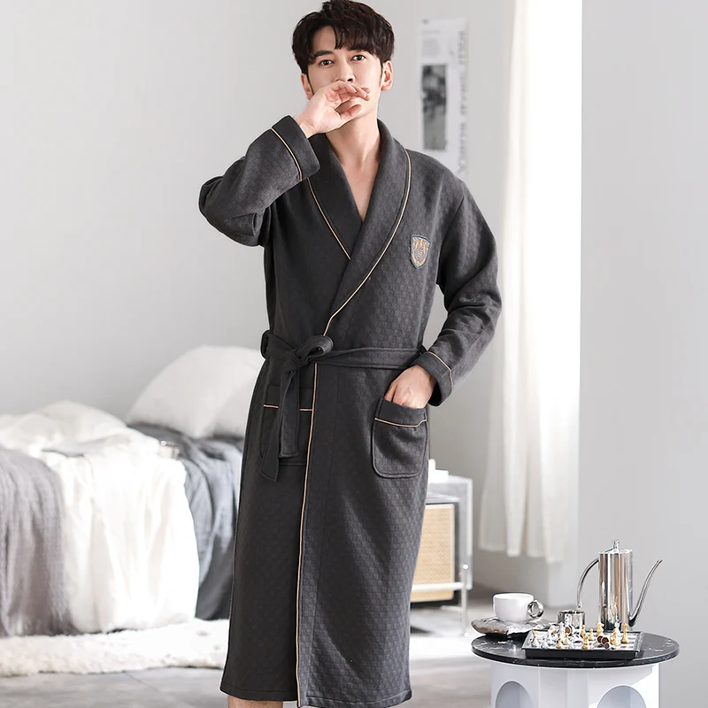 Three layer thin cotton men's pajamas embroidered with letters and silver trim fashionable men's bathrobe