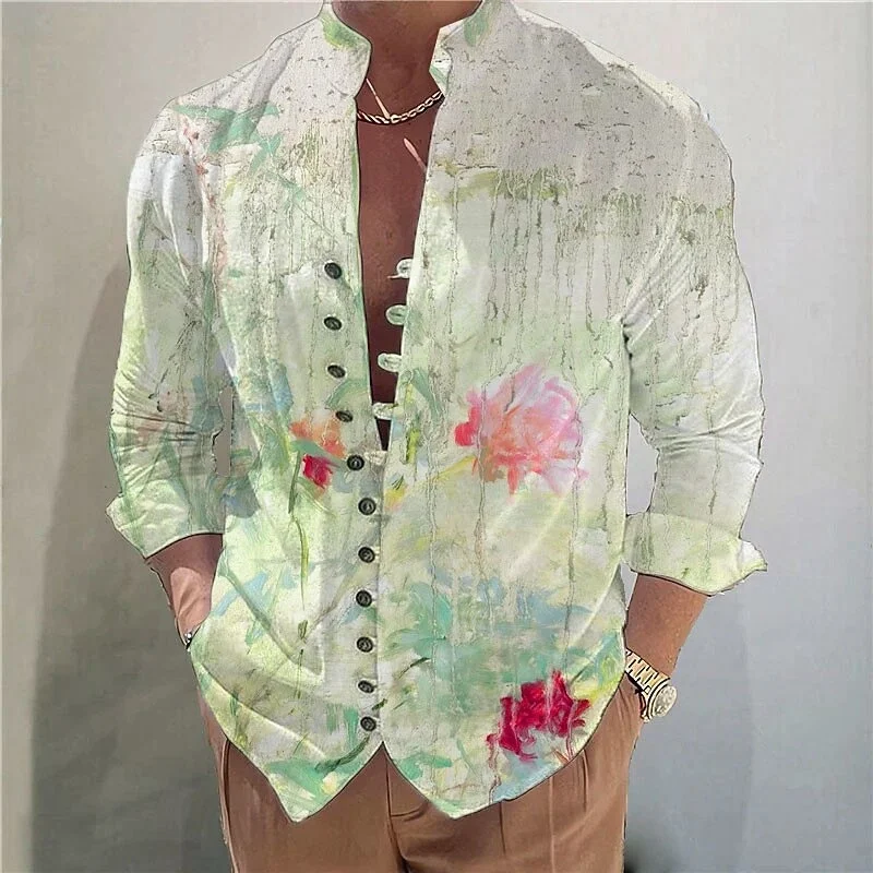 

New retro oil painting style floral print men's long sleeved shirt for vacation and casual loose fitting shirt clothing