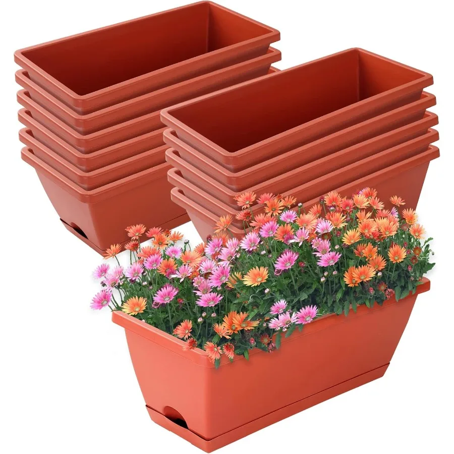 

12 Pack Rectangular Plastic Window Box Planters 17 Inches with Saucers for Indoor Outdoor Garden Patio Home Decor Ideal for Veg
