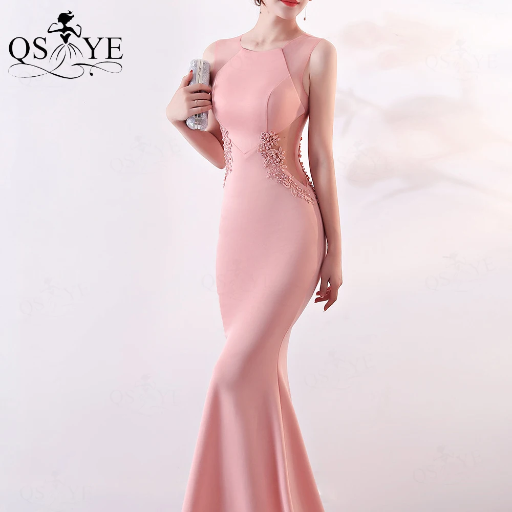 Pink Bridesmaid Dresses Illusion Waist Beaded Applique Lace Evening Prom Gown Sleeveless Long Fit Satin Formal Party Gown chic