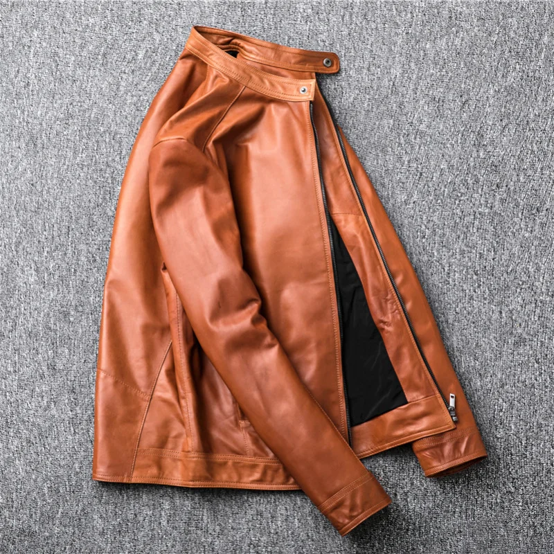 Chaqueta de piel auténtica para Hombre, abrigo Vintage de piel de oveja Natural, informal, naranja, primavera y otoño, 100%