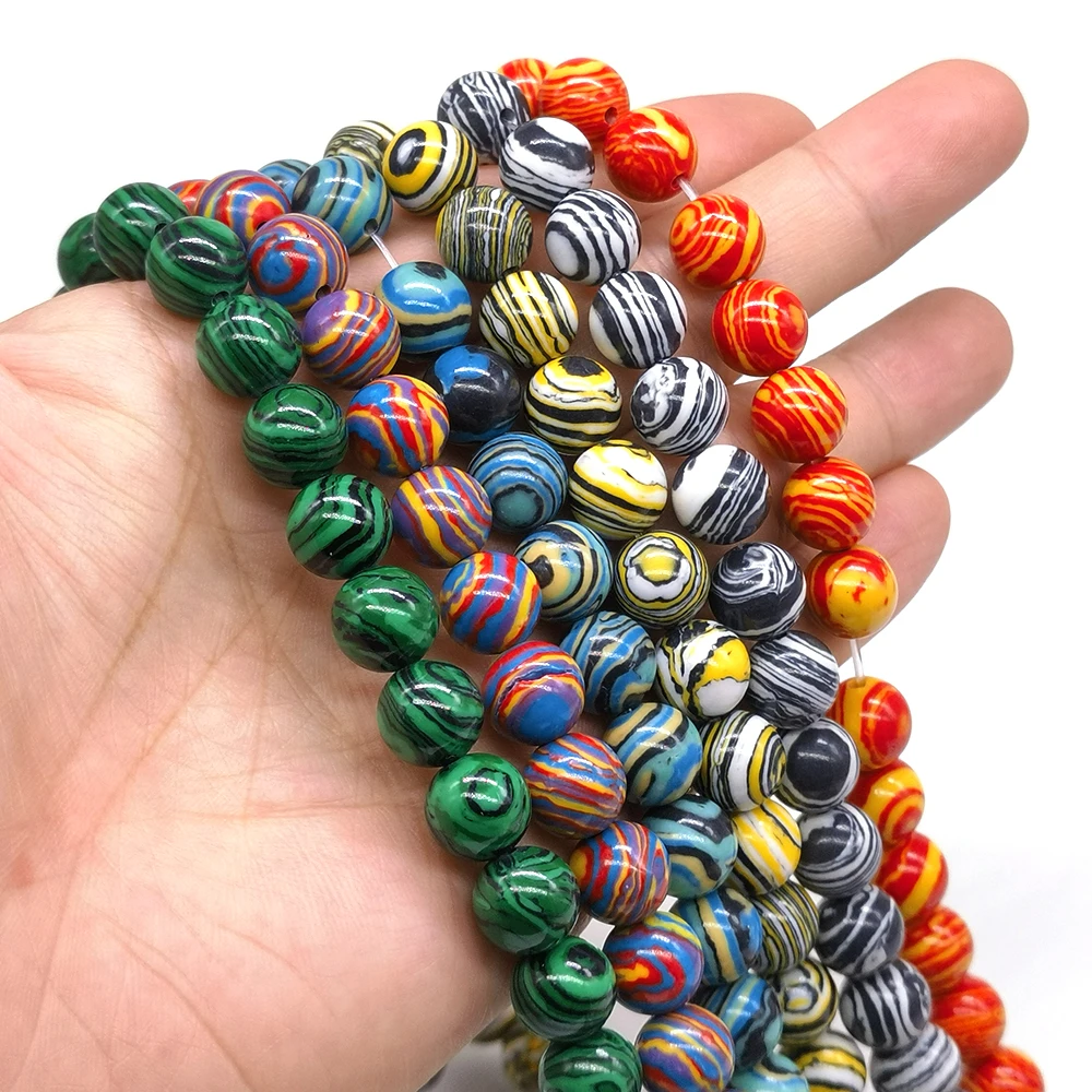 

Natural Stone Crystal Beads Colorful Stipe Malachite Turquoise Quartz Round Loose Bead For Jewelry Making DIY Bracelet Necklace
