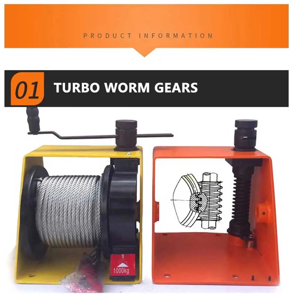 Verricello manuale da 500 kg Turbo Worm Sollevatore manuale pesante autobloccante a due vie con freno Corda da 20-35 metri