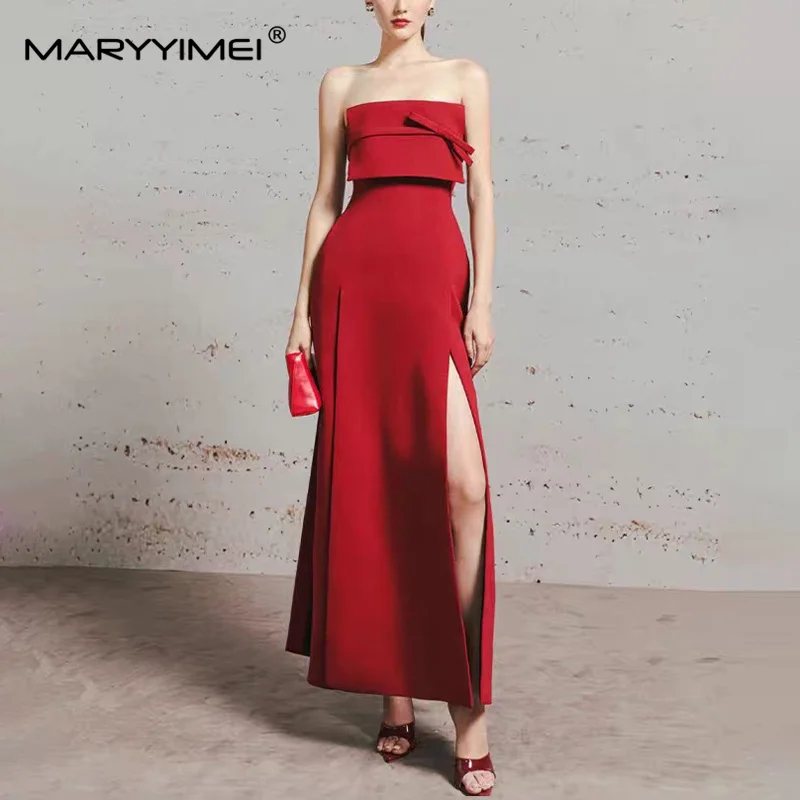 MARYYIMEI Solid color stitching bow temperament ceremonial dress tube top waist long dress 2026 summer new women's clothing