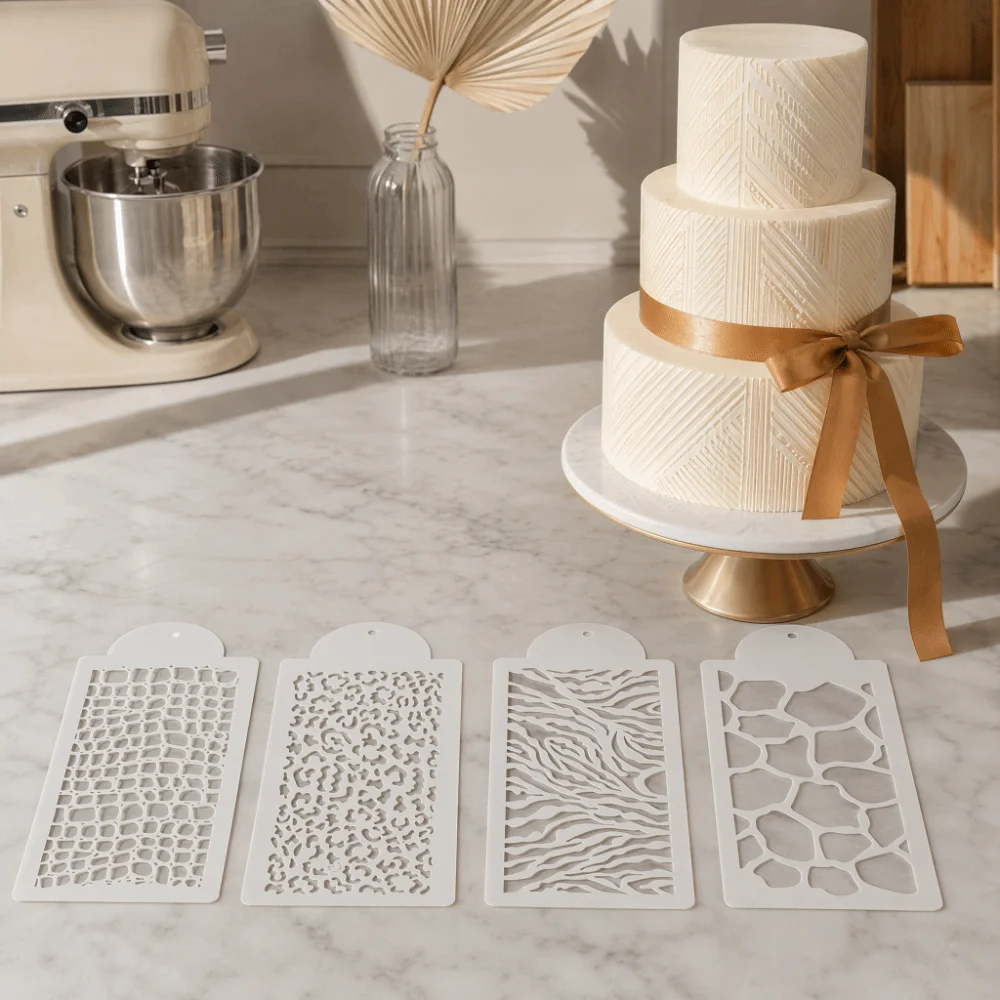 4PCS PVC Cake Stencils Zebra Leopard Pattern Flat Rectangular Baking Cake Stencils Openwork Cutouts Cookie Stencils