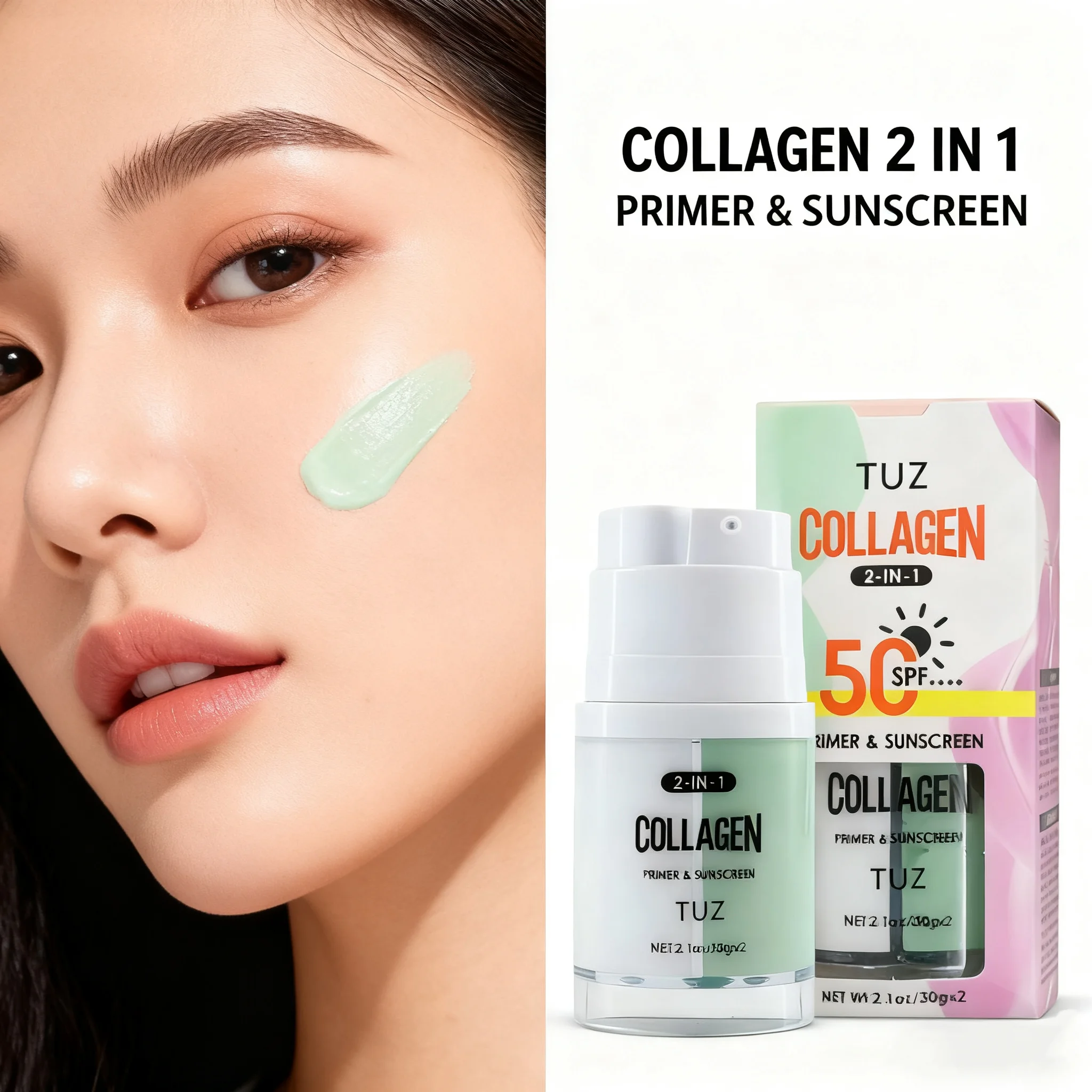 Apprêt et crème solaire 2 en 1 au collagène Spf 50, apprêt pour le visage à double chambre avec protection solaire au collagène et base de maquillage pour une peau impeccable
