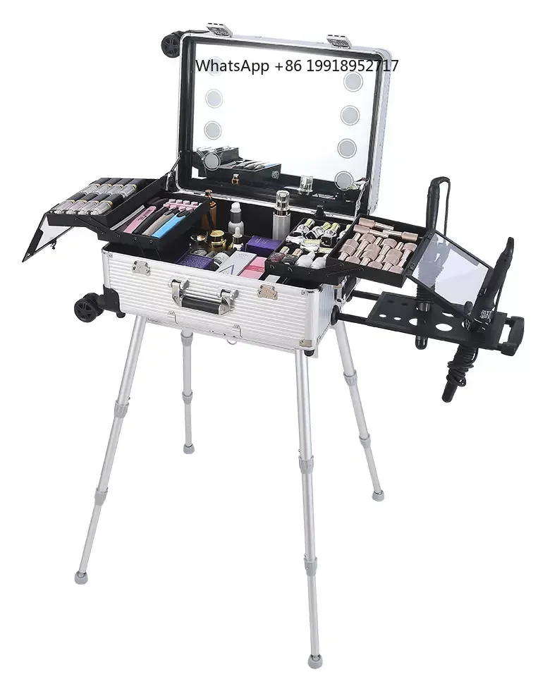 Bridal Makeup Artist Professional Makeup Rolling Tool Box Storage Box LED, 21inch with Light Large Capacity