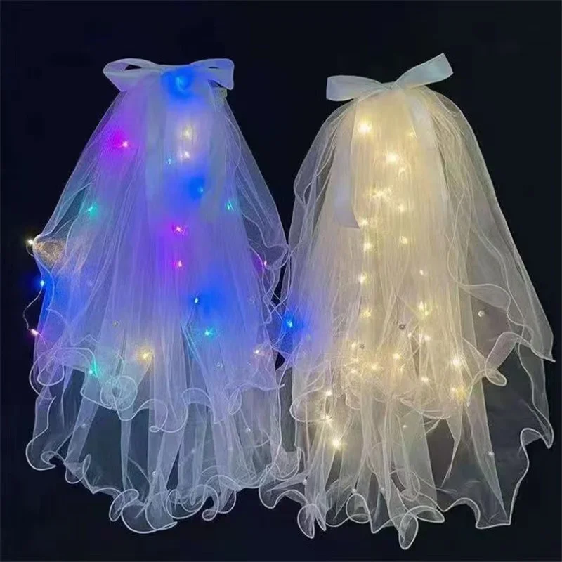 Фата, свадебная фата, женская белая фата из тюля с короткой лентой и светодиодной подсветкой для невесты, костюм для девичника