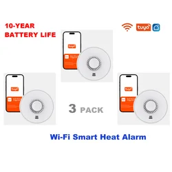 Wi-Fi Smart Heat Detector with Tuya App control, Tuya Smart Heat Alarm with Sealed 10-Year Li-Battery, BS 5446-2, VH01W, 3-Pack