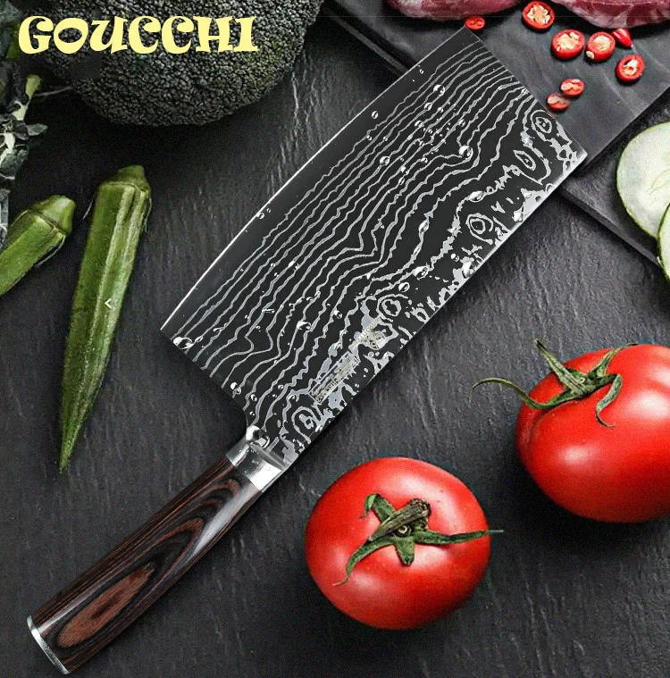 

New Stainless Steel Kitchen Knife Imitation Damascus Pattern Chef Knives 5Cr15mov Kitchen Cleaver Knife Wood Handle Cleaver