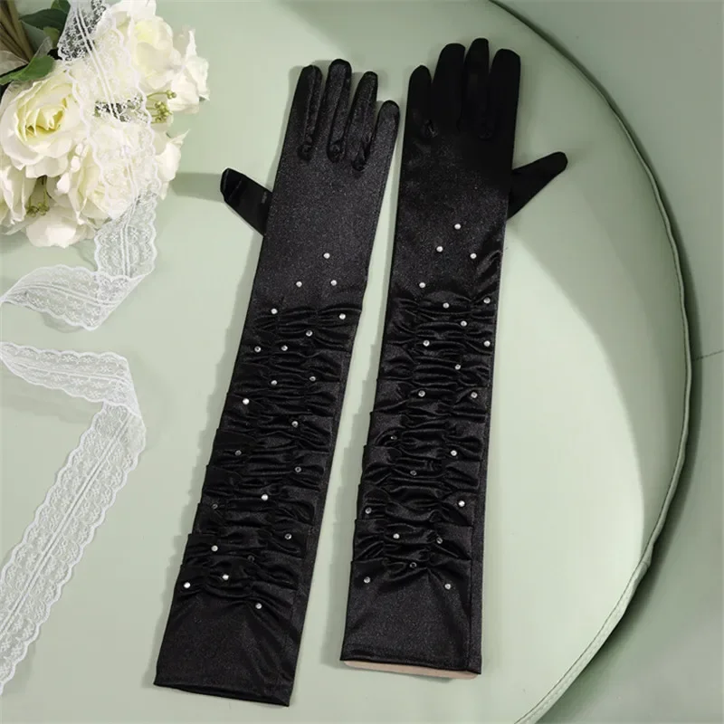 10pcs 50cm Elbow Stretch Sexy Rhinestone Satin Finger Gloves Women Long Bridal  Wedding Drama Party Halloween Costume Cosplay