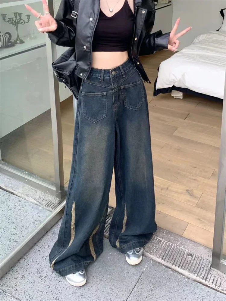 Vintage Floor Length Jeans Women Empire Wide Leg Loose All-match Chic Streetwear American Style Spring Autumn Female Daily Mujer