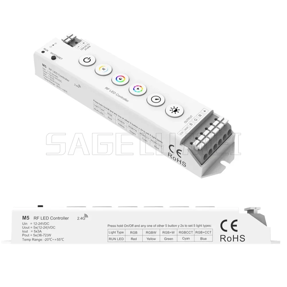 5CH*3A 12-24VDC CV Controller M5 RF2.4G LED Controller 6 button RGB RGBW RGB+CCT LED Strip Light 30M Skydance Constant Voltage
