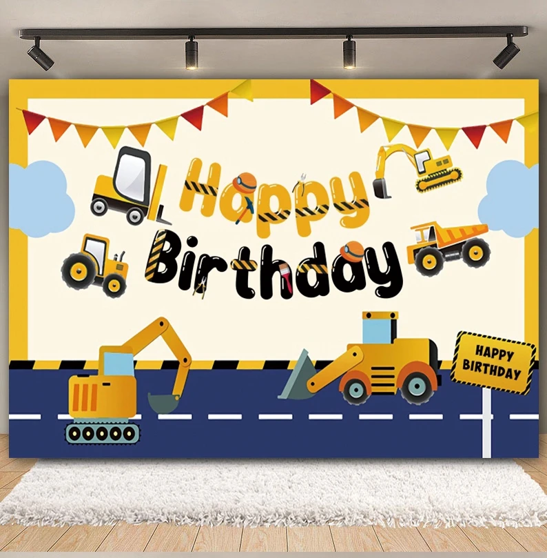 خلفية عيد ميلاد لفريق البناء للتصوير الفوتوغرافي للأولاد وحفلات استقبال المولود الجديد ورافعة شاحنة المرور وحفارة خلفية استوديو الصور