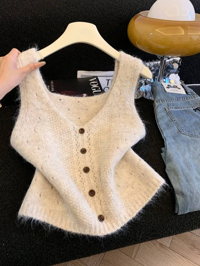 

Женский вязаный кардиган с V-образным вырезом, тонкий жилет, верхняя одежда для весны и осени, модный тренд, утепленный, L