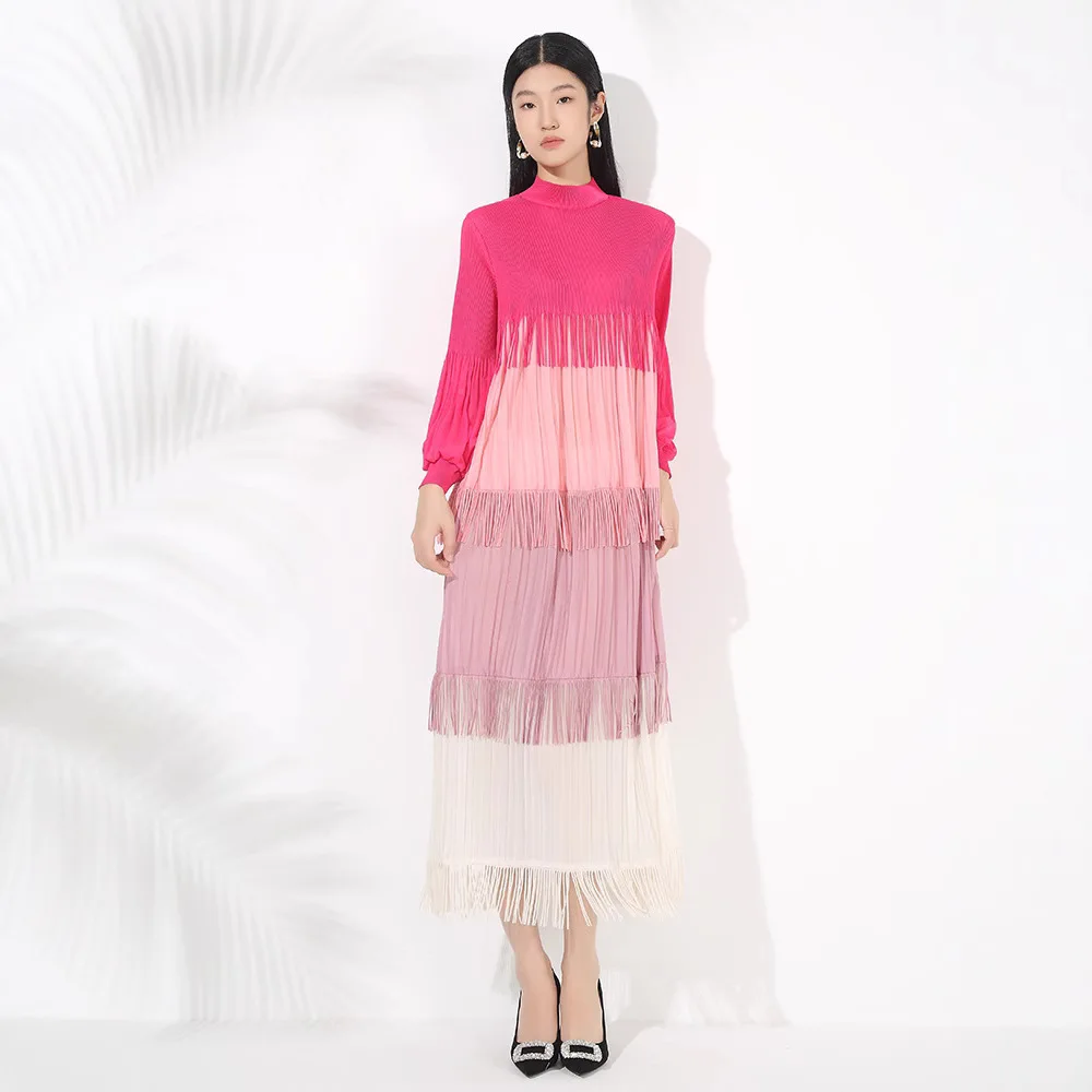 

ALSEY Premium Sense of Pleated Dresses Patchwork Fringe Dress Fashion Temperament Splicing Women's Long Dress 2025 Summer New