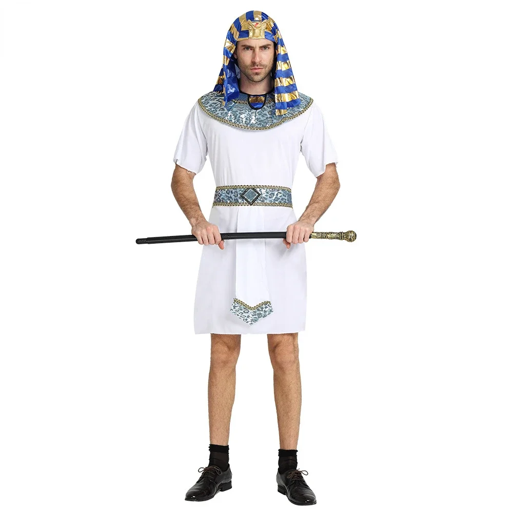 Traje do faraó do antigo Egito para homens e mulheres, adereços cosplay de Halloween, branco, azul, adulto