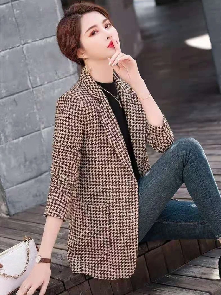 

2025 весенне-осенний женский элегантный стильный пиджак в клетку с длинными рукавами, корейский повседневный офисный женский пиджак с узором «гусиные лапки»