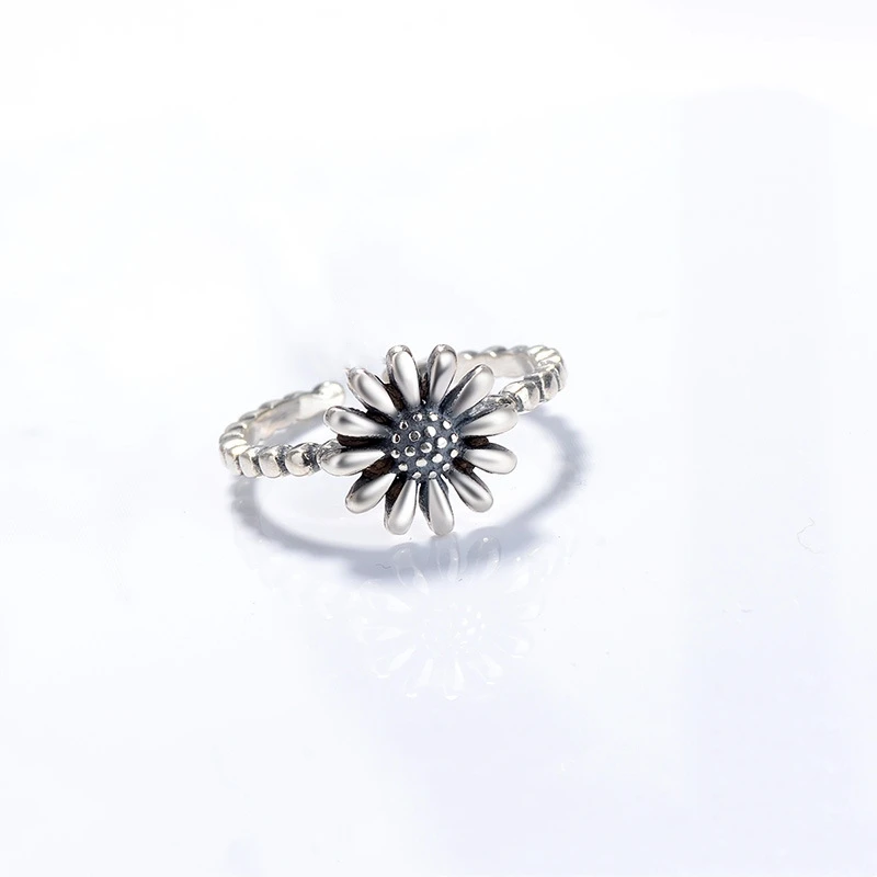 Retro Sunflower 925 Sterling Silver Literary Flower Sweet Fine Female Resizable Opening Rings RI074