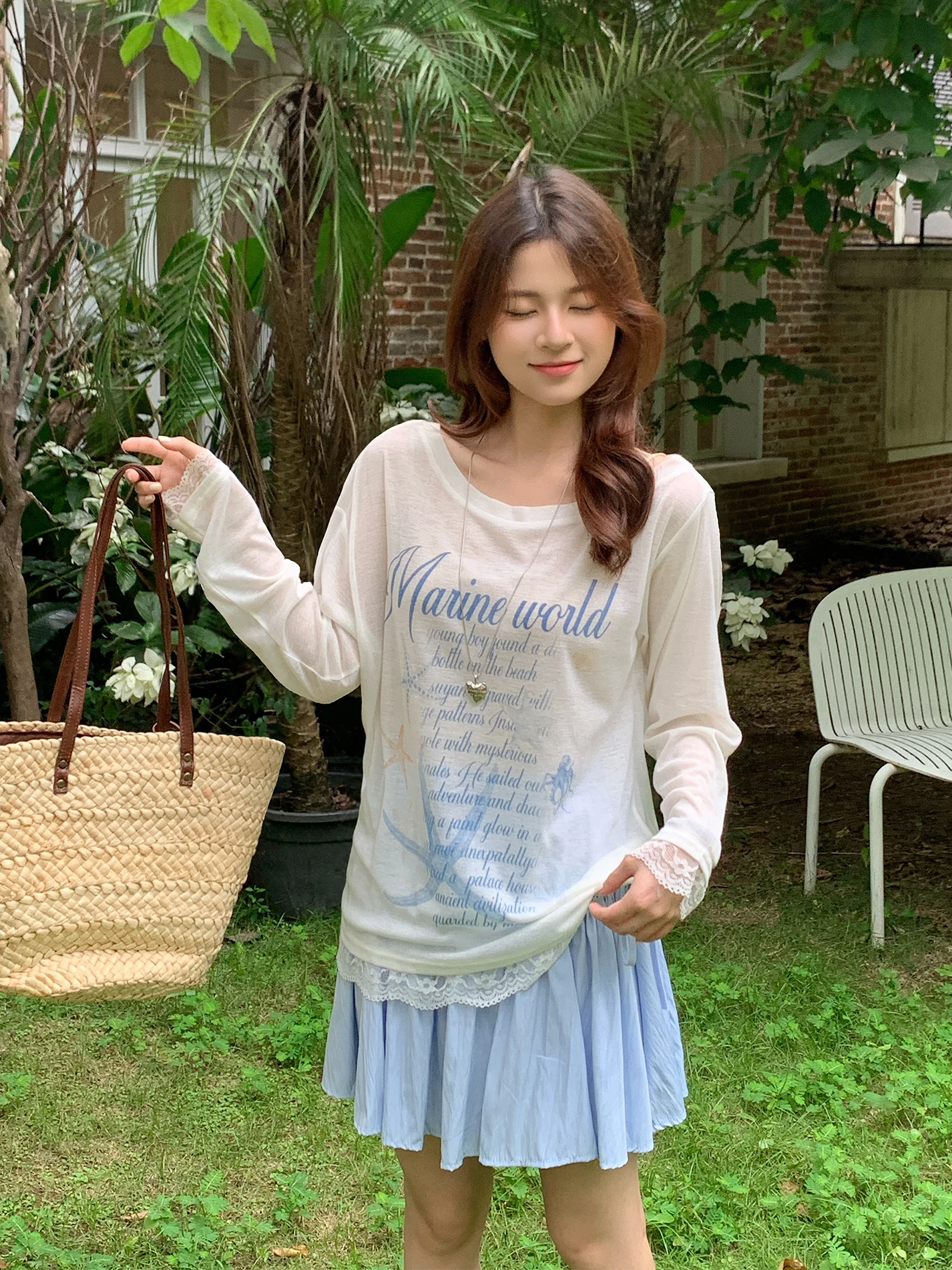 lightweight-breathable-long-sleeve-t-shirt-summer-vacation-ocean-letter-lace-sleeve-sun-protection-cotton-sweet-style-top