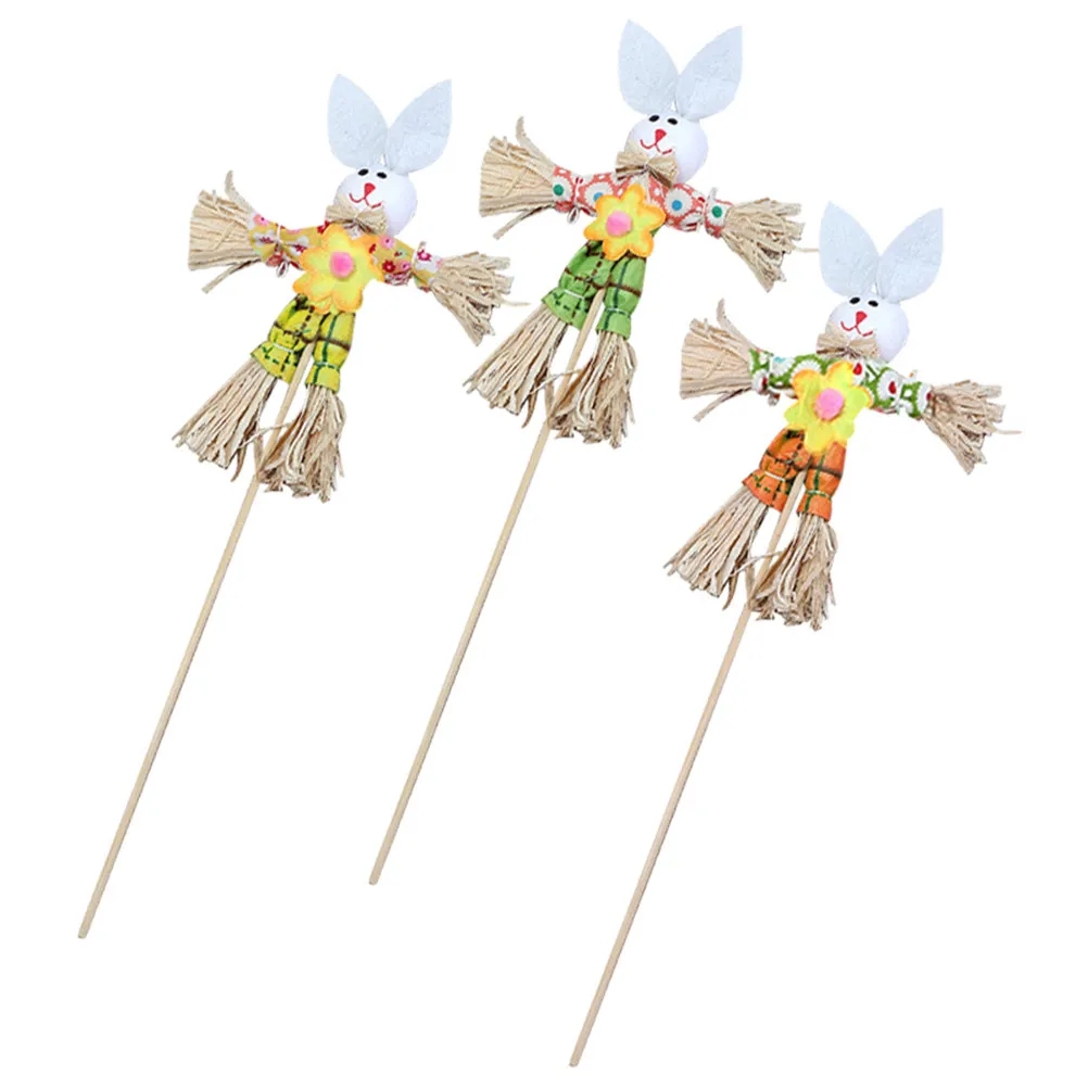 6Pcs Small Rabbit Harvest Scarecrow Decorations Easter Theme Jackstraw Straw Figurines Cute Smiling Face Scarecrows Decor