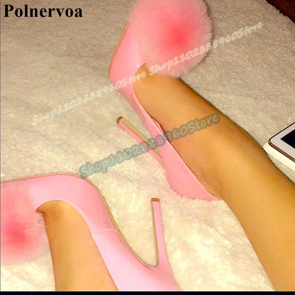 Pink Shallow Glossy Leather Fur Ball Pointy Pumps Thin High Heel Shoes For Women Slip On Pointed Toe Casual Lovely Women Pumps