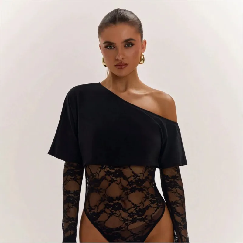 MsChuh Playsuits Rompers Jumpsuits For Woman Bodysuits Sexy Hot Girl Style Bodycon Off Shoulder Long Sleeves Lace Fashionable