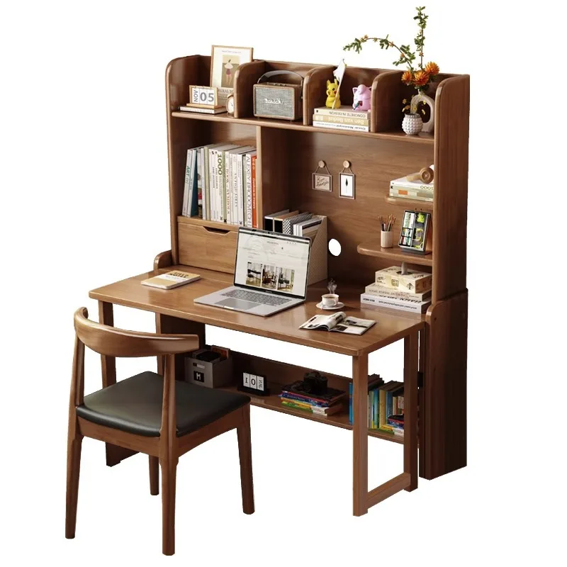 

Foldable solid wood home bedroom student computer desk, simple bedside writing table bookshelf integrated small apartment
