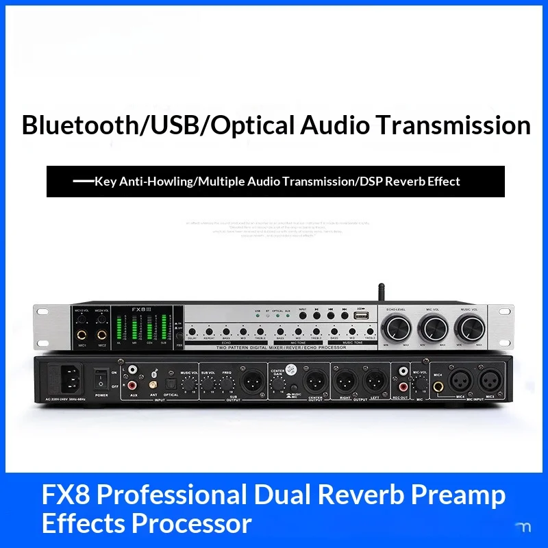 

Professional Digital Preamp Effect Processor - 4 Mic Inputs, 1-Key Feedback Suppression, Bluetooth/USB/Optical/AUX, DSP Reverb