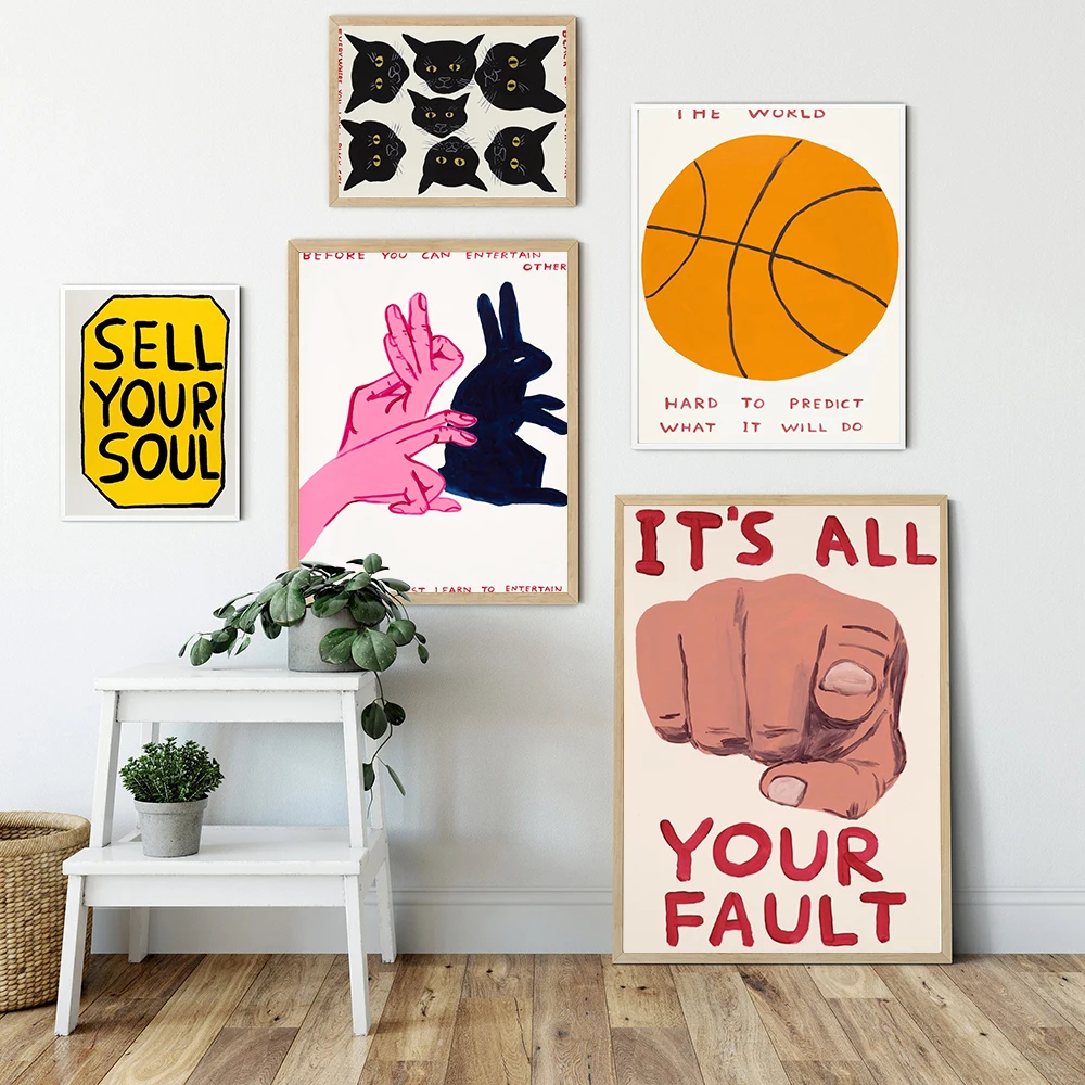 

David Shrigley Basketball Whale Cats Rainbow Fire Wall Art Nordic Poster Prints Canvas Painting Wall Pictures Living Room Decor
