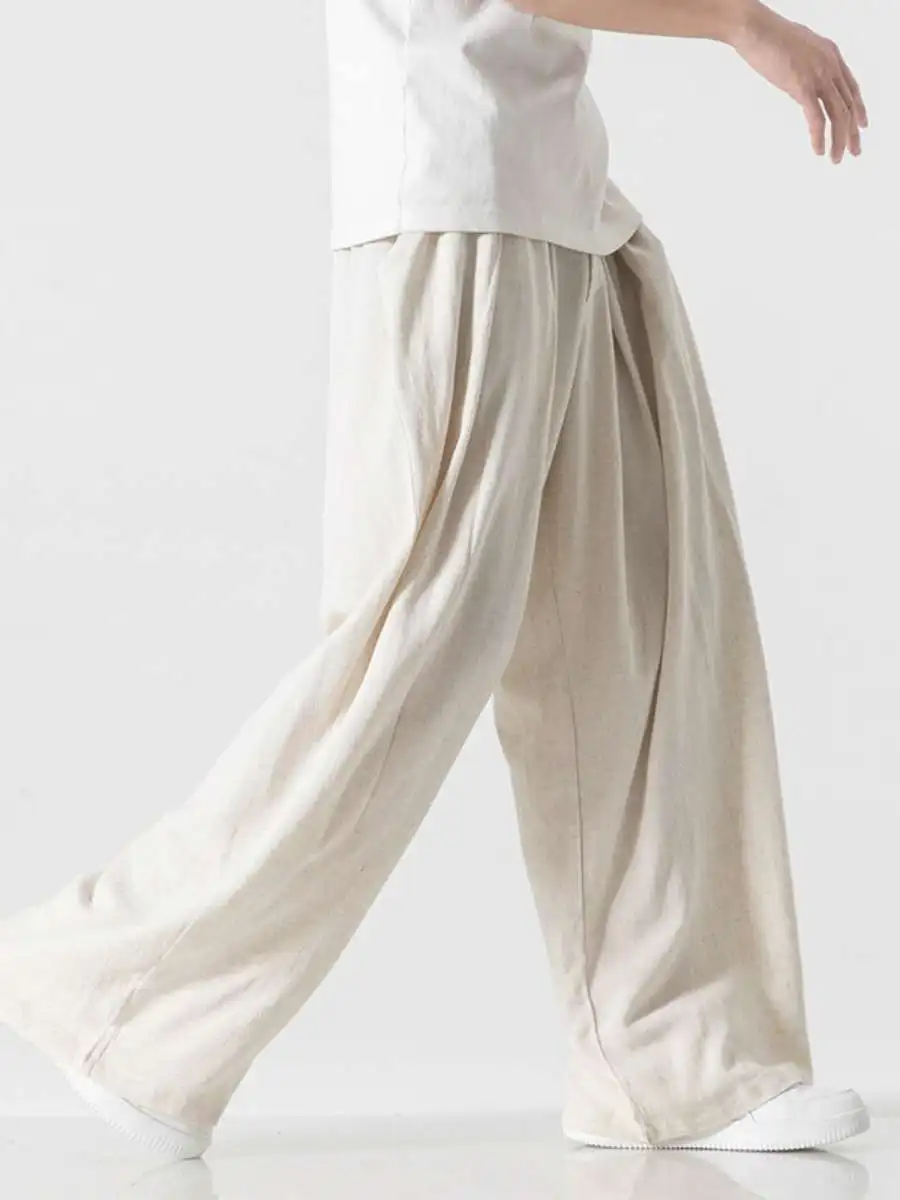 

Летние повседневные льняные брюки свободного кроя из хлопка и льна, прямые широкие штанины, мужские, модные, дышащие, в японском стиле, с утолщенным флисом