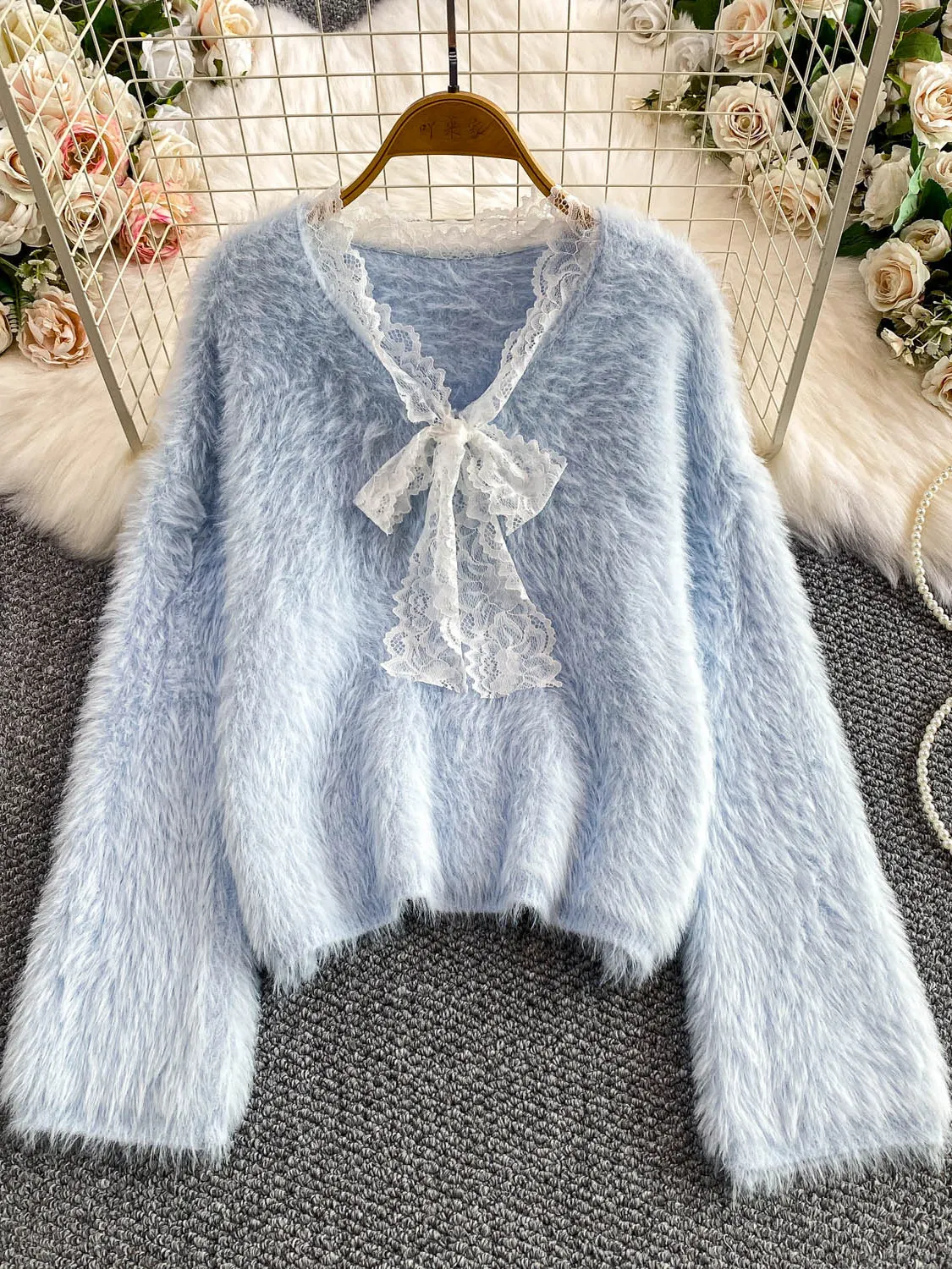 

Женский светло-голубой мохеровый пуловер с v-образным вырезом и бантом, винтажный свитер 2000-х годов в корейском стиле с длинными рукавами, норковый кашемировый свитер для женщин