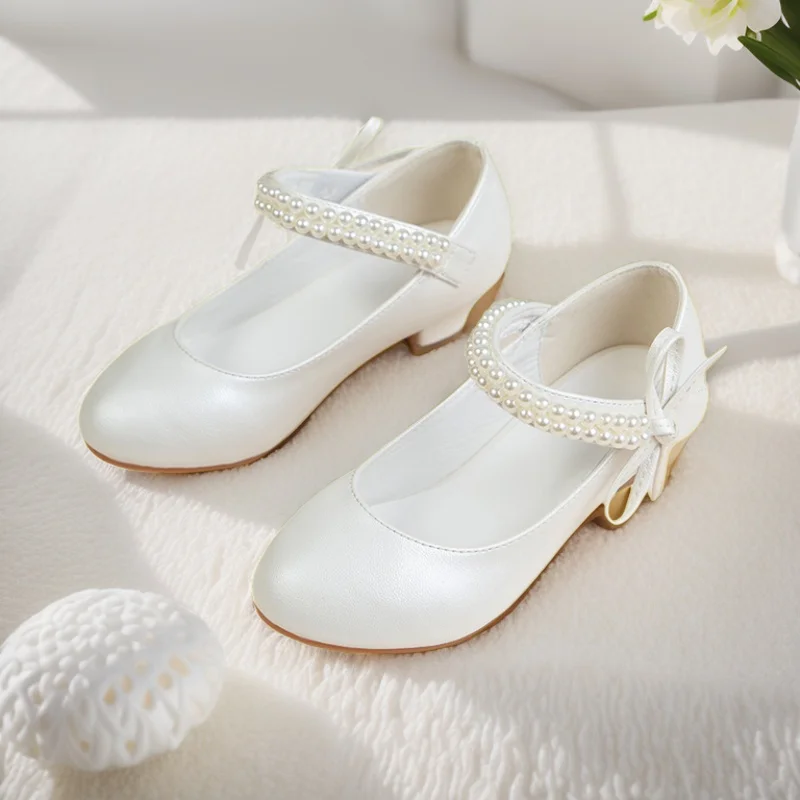 Girls High Heel Dance Shoes For Kids Pearl Teen Crystal Party Princess Shoes Child Wedding Formal Leather Sandals Girls Footwear