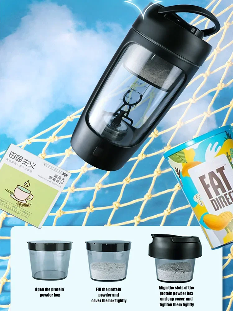 630ml Electric Protein Shaker Cup with Powder Storage Container Mixer Cup Gym Sport Water Bottles with Wire Whisk Ball Drinkware