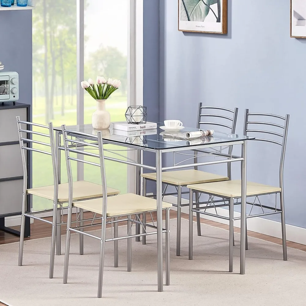 VECELO 5 Piece Dining Table Set for 4 with Chairs, Glass Top, Small Space, Silvery