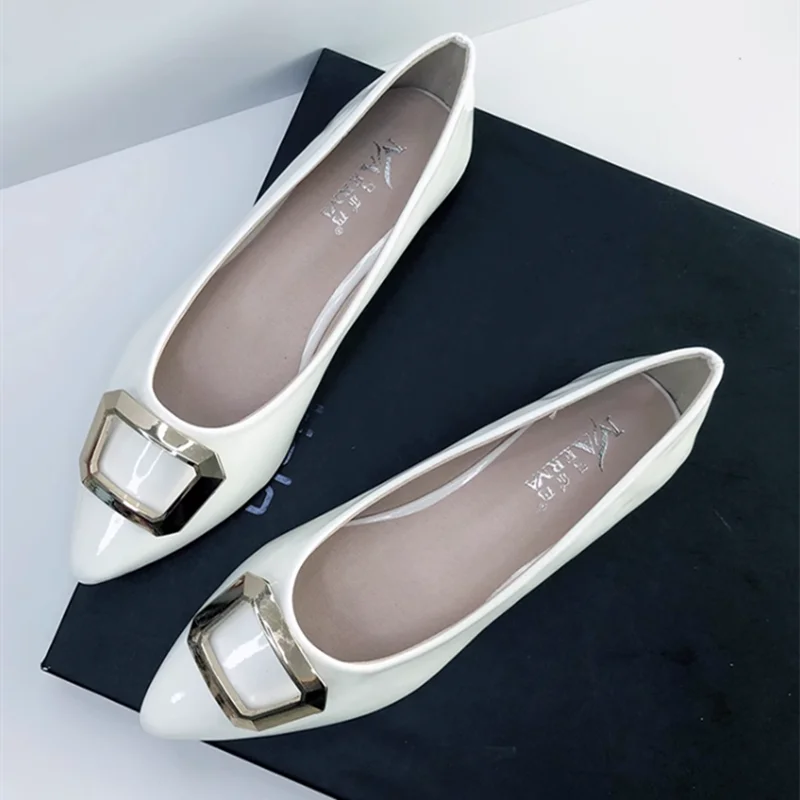 Lady Leather Flats With Metal Buckle Null Shiny Cyan Black And White Slip-On Cute Pointy Toe For Wide Narrow Feet 29/22cm 32-48