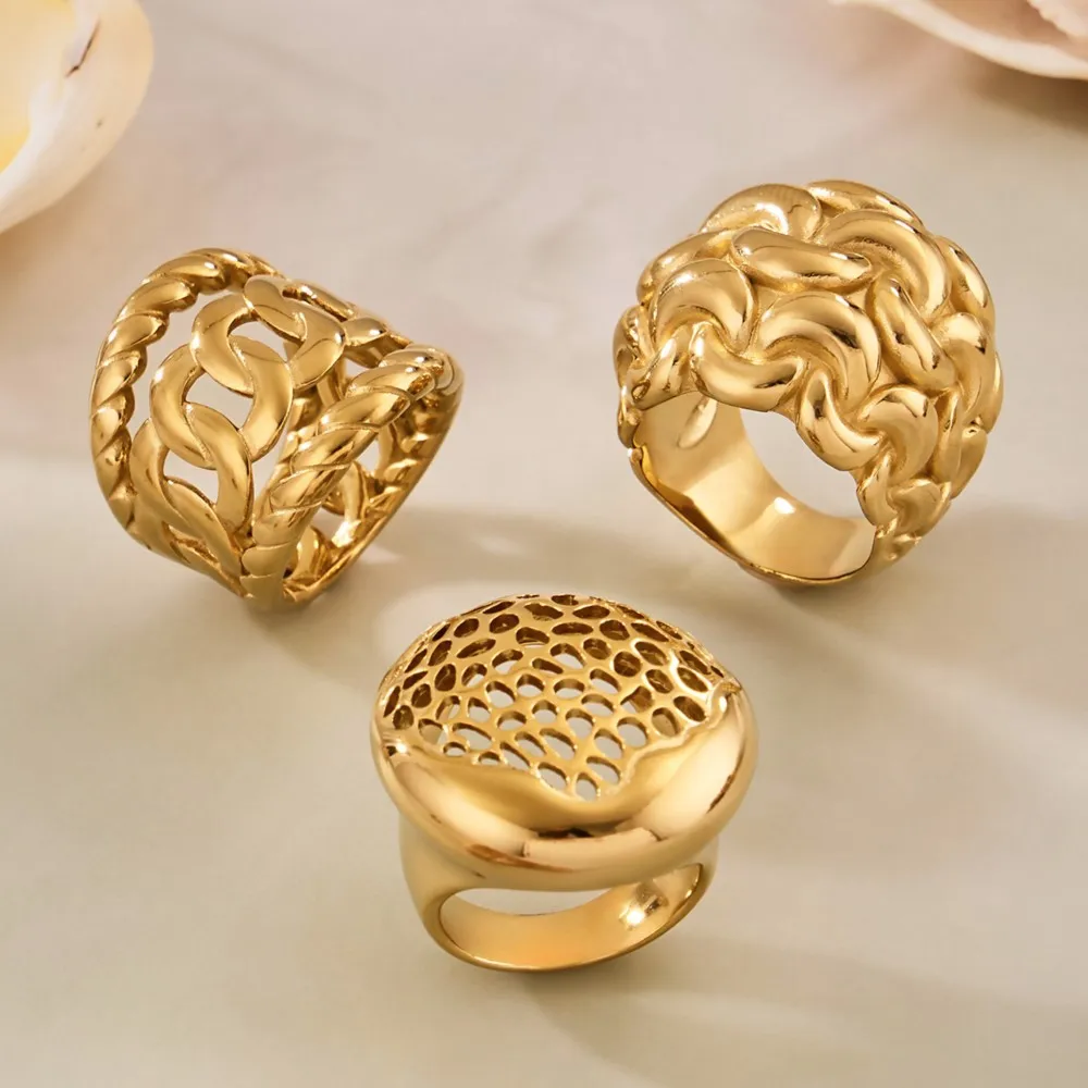 Vintage Hohle Edelstahlringe für Damen, 18K vergoldet, mit ineinandergreifender Textur, klobiger Statement-Ring, auffällige Keeper-Ringe