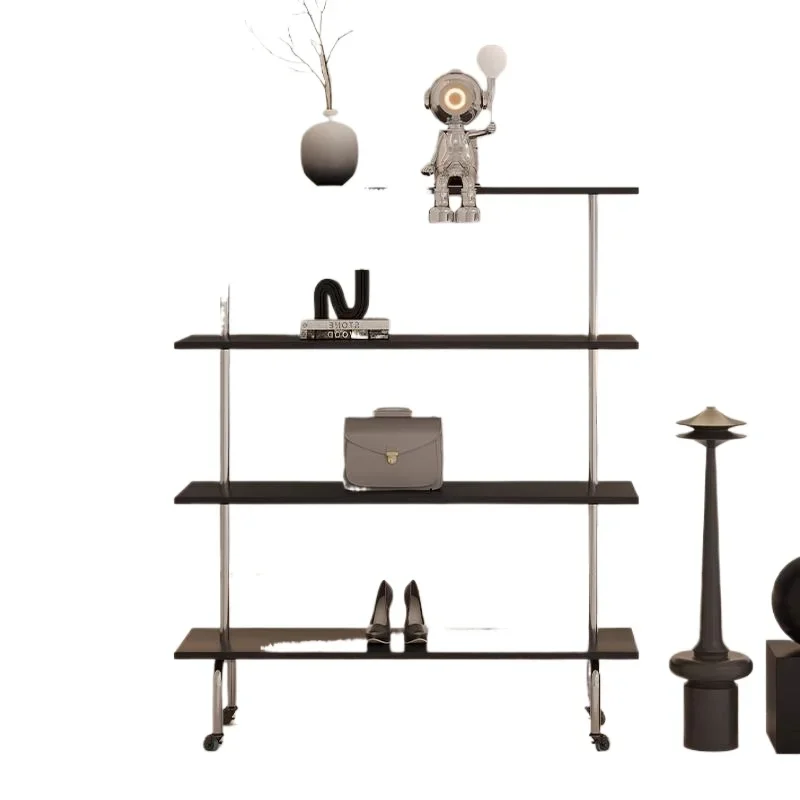 shoe display rack, black shelf in clothing store, multi-layer floor-to-ceiling display of women's clothing, mobile bag with  .